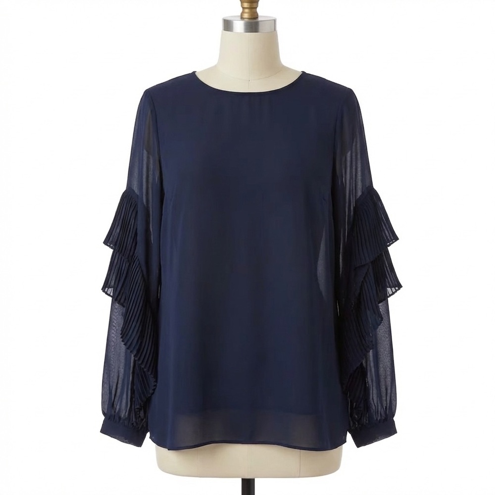 TARA JARMON Navy Sheer Blouse with Pleated Ruffle Sleeves, Size 38.